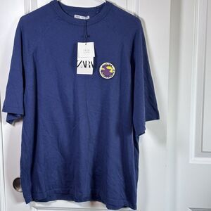 Zara Men's Blue with "Digital Expression" Patch T-Shirt Size M NWT